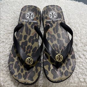 Tory Burch Leopard Print Flip Flops with Black Straps and Gold Logo